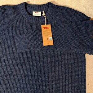 Fjallraven Ovik Waffle Knit Sweater Womens L Navy Blue Wool Pullover F14600259